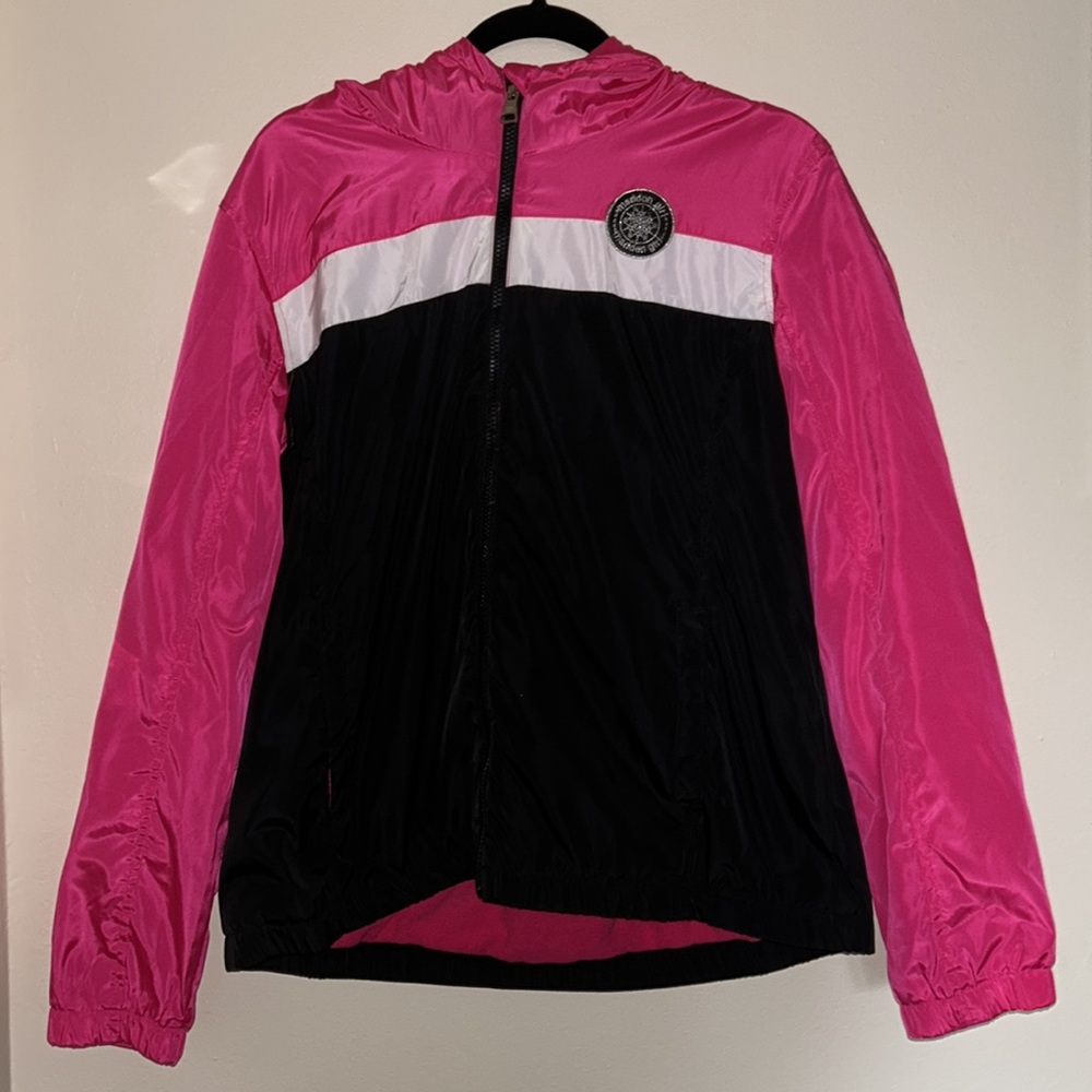 Madden Girl Fleece Lined Jacket Hot Pink, Black, and White Size XL